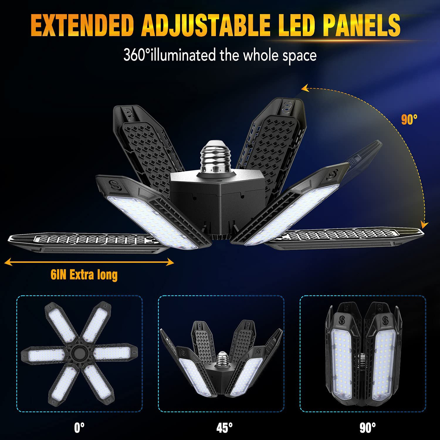 LED Garage Lights Transformable Shop Ceiling Lamps with 6 Panels 120W 16000LM Fits E26 Outlets Screw In LED Garage Lighting