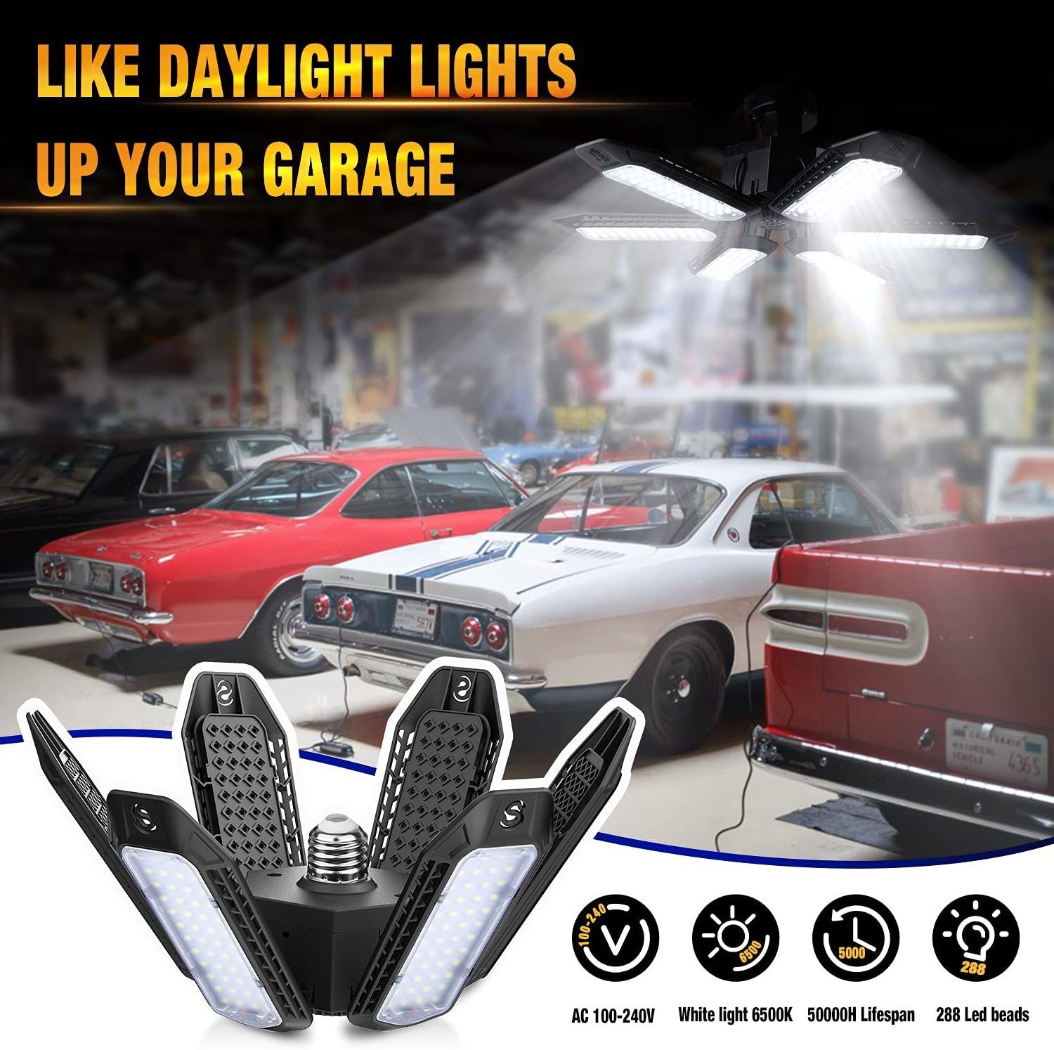 LED Garage Lights Transformable Shop Ceiling Lamps with 6 Panels 120W 16000LM Fits E26 Outlets Screw In LED Garage Lighting