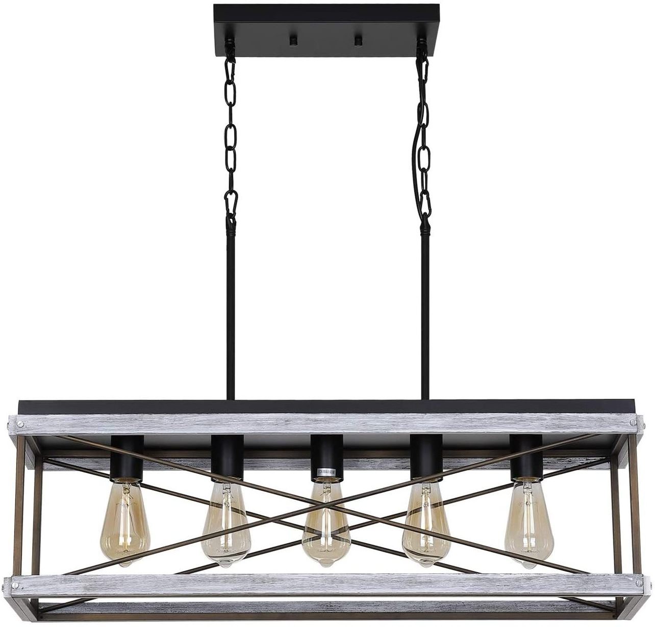 5 Light Farmhouse Linear Chandelier Industrial Pendant Light Modern Chandelier Black and wood finish Kitchen Lighting Fixture