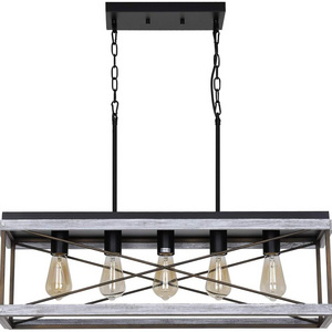 5 Light Farmhouse Linear Chandelier Industrial Pendant Light Modern Chandelier Black and wood finish Kitchen Lighting Fixture