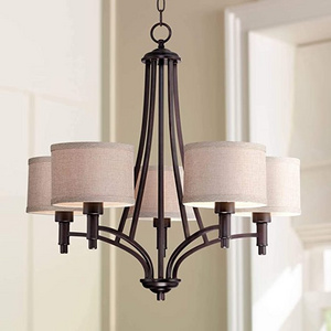 Bronze Chandelier 26" Wide Arched Arms Oatmeal Linen Shades 5-Light Fixture for Dining Room House Foyer Kitchen Island Entryway