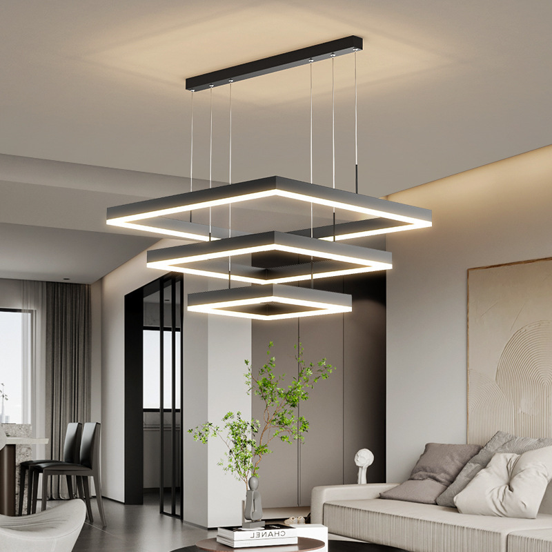 Modern Hanging Pendant Light Contemporary Acrylic Black New Design Square Lamp Living Room LED Chandelier