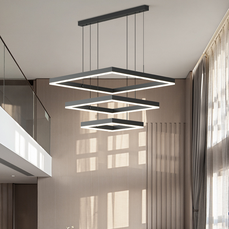 Modern Hanging Pendant Light Contemporary Acrylic Black New Design Square Lamp Living Room LED Chandelier