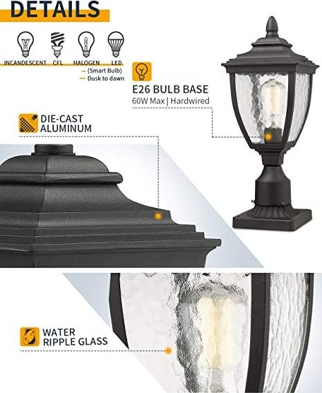 Exterior Post Light Fixture with 3-Inch Pier Mount Base, Sand Textured Black Outdoor Post Lanterns with Water Glass