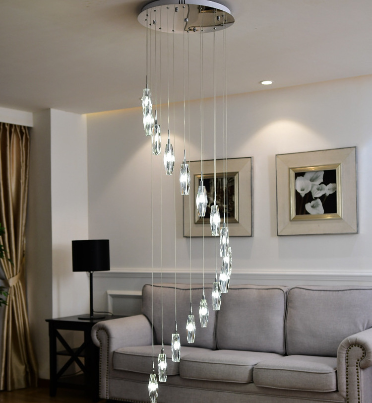 Modern Crystal Chandelier Long Large Foyer for High Ceiling Chrome Round Spiral Raindrop Lighting for Entryway  Remote Control