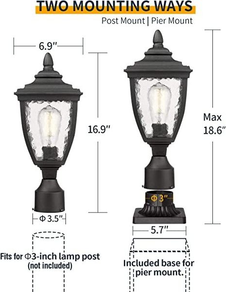 Exterior Post Light Fixture with 3-Inch Pier Mount Base, Sand Textured Black Outdoor Post Lanterns with Water Glass