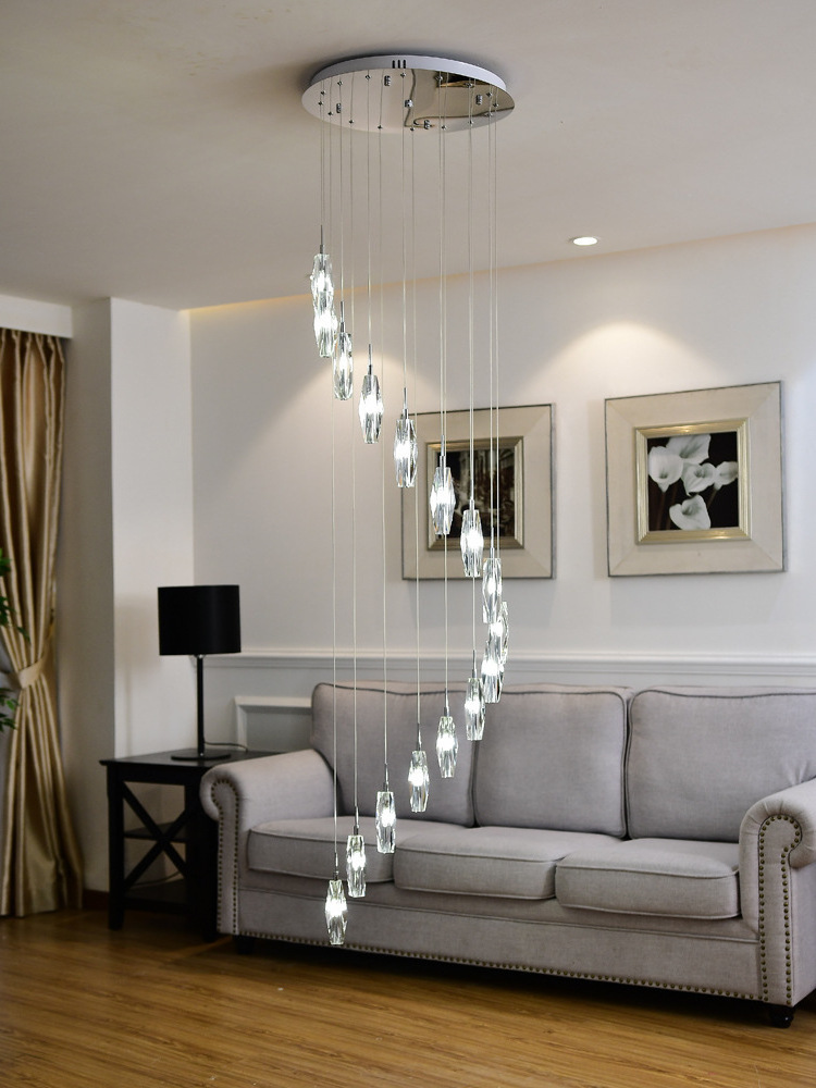 Modern Crystal Chandelier Long Large Foyer for High Ceiling Chrome Round Spiral Raindrop Lighting for Entryway  Remote Control