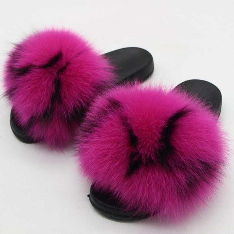 Natural Real Fur Slippers Women Fox Home Fluffy Sliders Comfort With Feather Furry Summer Flats Ladies Shoes Slides