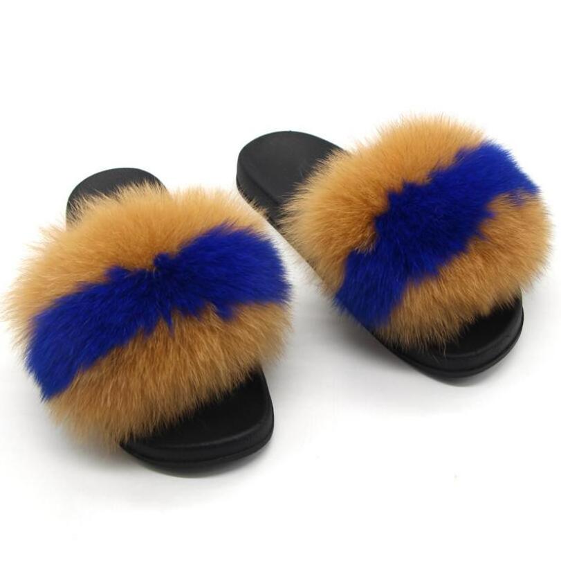 Natural Real Fur Slippers Women Fox Home Fluffy Sliders Comfort With Feather Furry Summer Flats Ladies Shoes Slides