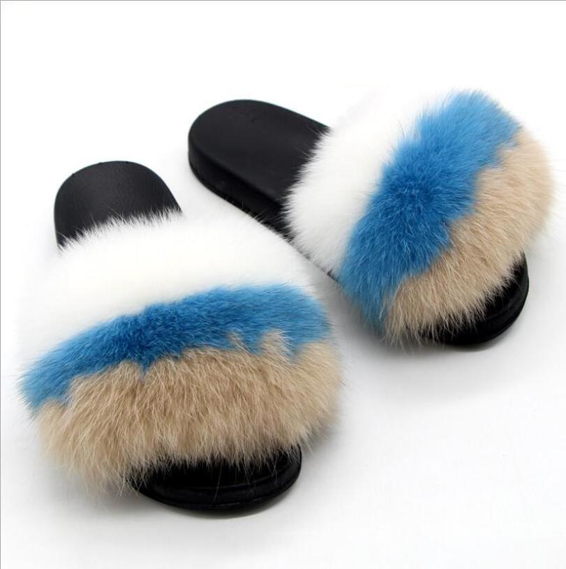 Natural Real Fur Slippers Women Fox Home Fluffy Sliders Comfort With Feather Furry Summer Flats Ladies Shoes Slides