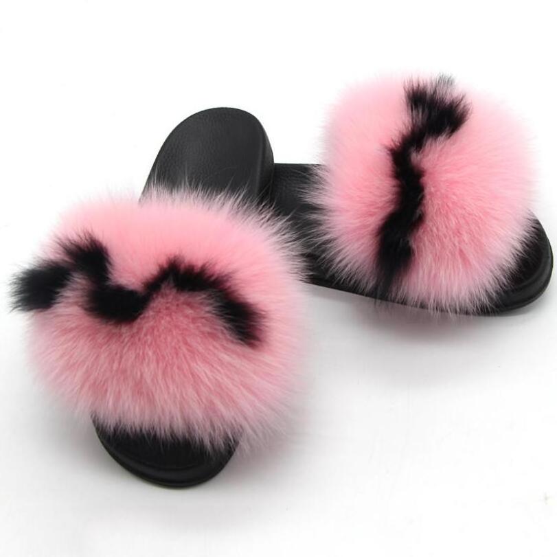 Natural Real Fur Slippers Women Fox Home Fluffy Sliders Comfort With Feather Furry Summer Flats Ladies Shoes Slides