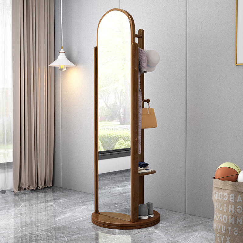 Wooden Bedroom Furniture Rotating Coat Hanger Hot Selling Standing Dressing Mirror Clothes Rack with Storage Floor