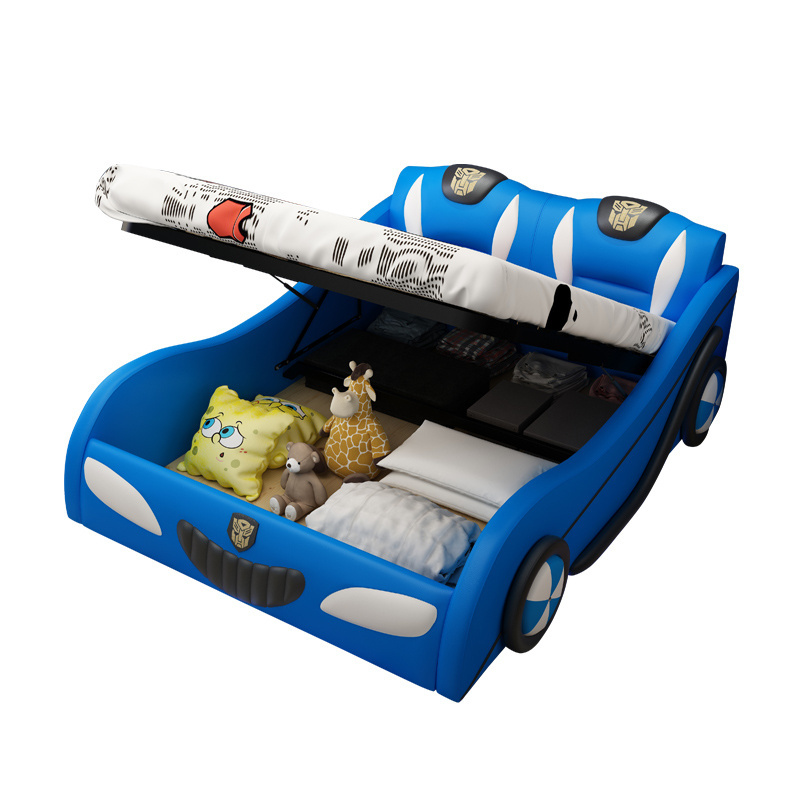 Factory directly selling simple creative kids car bed boy cartoon leather king bed blue color Children racing car beds