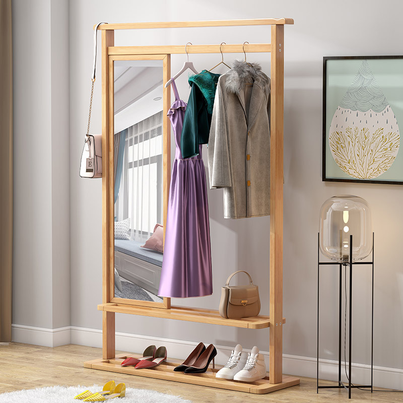 Modern Simple Multifunctional Wooden Coat Rack with Shelf Cheap Price Home Hotel Bedroom Clothes Stand with Mirror