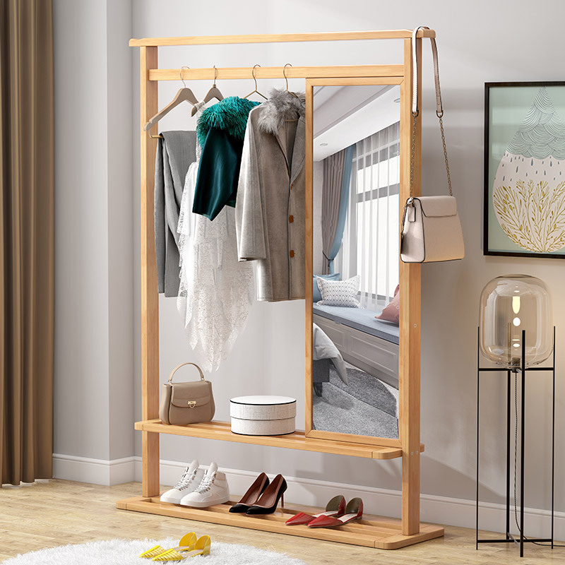 Modern Simple Multifunctional Wooden Coat Rack with Shelf Cheap Price Home Hotel Bedroom Clothes Stand with Mirror