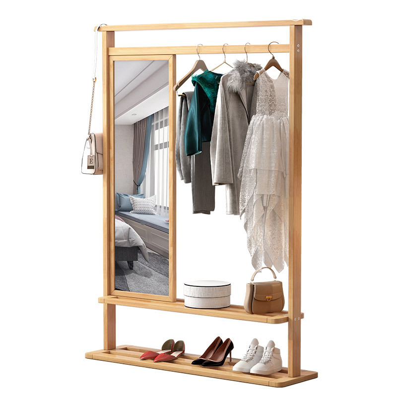 Modern Simple Multifunctional Wooden Coat Rack with Shelf Cheap Price Home Hotel Bedroom Clothes Stand with Mirror