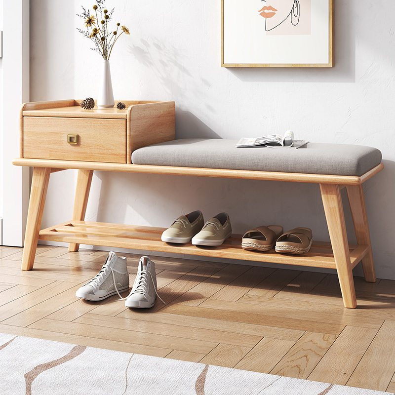 Grey Color Nordic Style Home Furniture Living Room Storage Wood Shoe Racks Top Selling Single Seat Fabric Shoe Stools