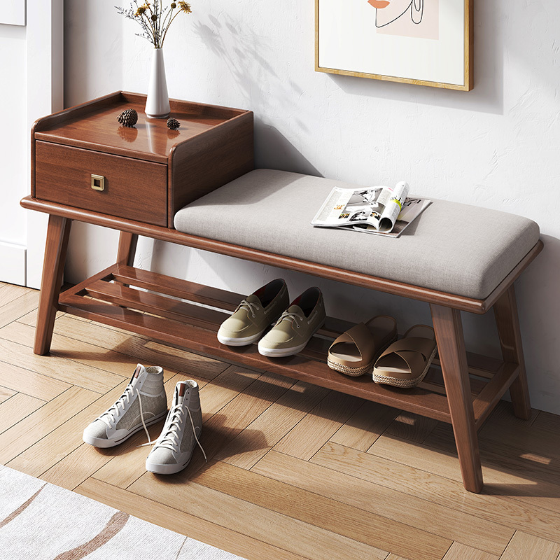 Grey Color Nordic Style Home Furniture Living Room Storage Wood Shoe Racks Top Selling Single Seat Fabric Shoe Stools