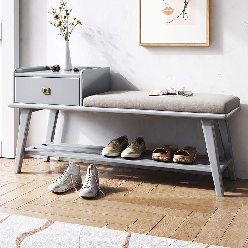 Grey Color Nordic Style Home Furniture Living Room Storage Wood Shoe Racks Top Selling Single Seat Fabric Shoe Stools