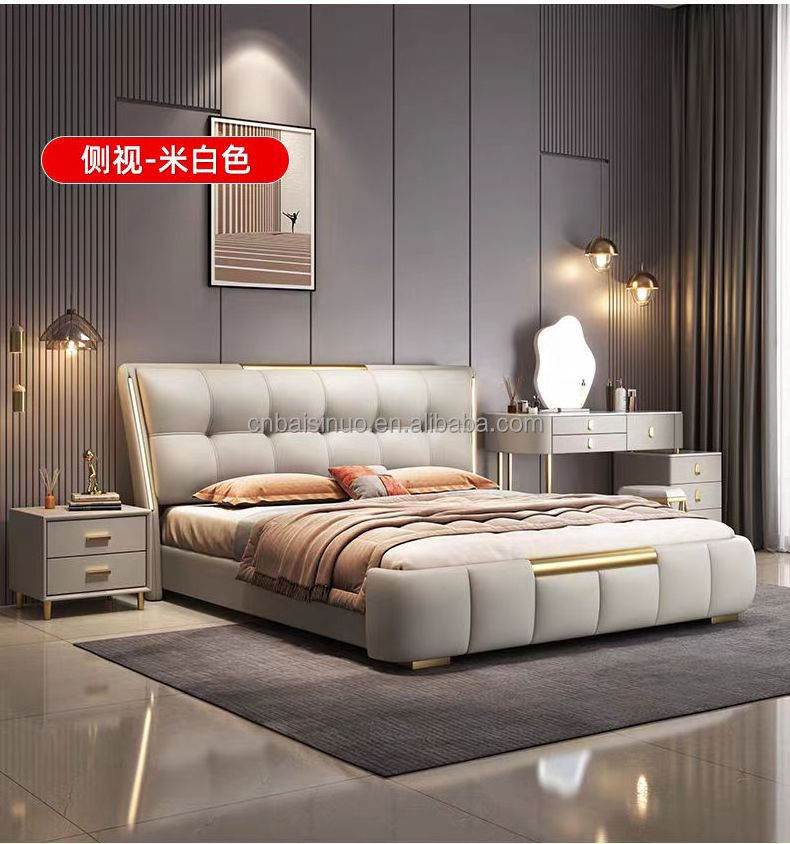 luxury leather bed, modern headboard with induction light bed, double storage, wedding bed, master bedroom, king size bed