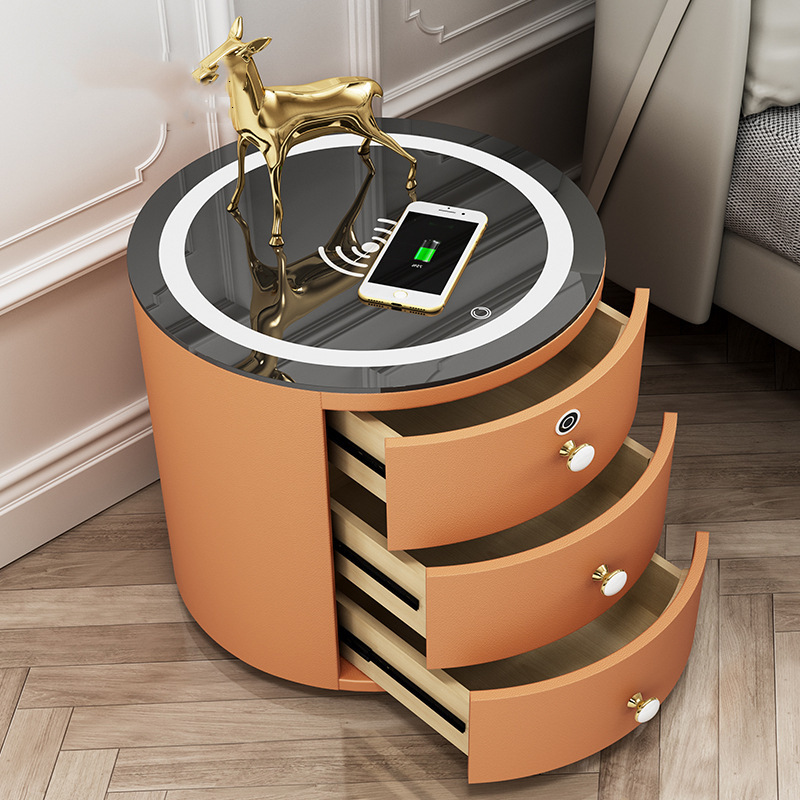 Top selling smart led nightstands wireless charging fingerprint lock three drawers wooden bedside table with audio