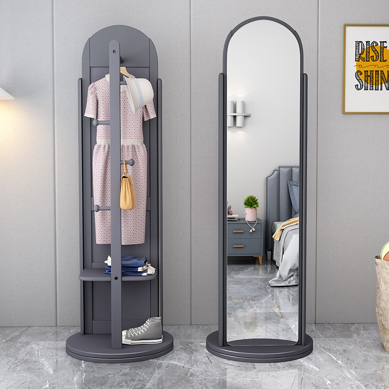 Wooden Bedroom Furniture Rotating Coat Hanger Hot Selling Standing Dressing Mirror Clothes Rack with Storage Floor