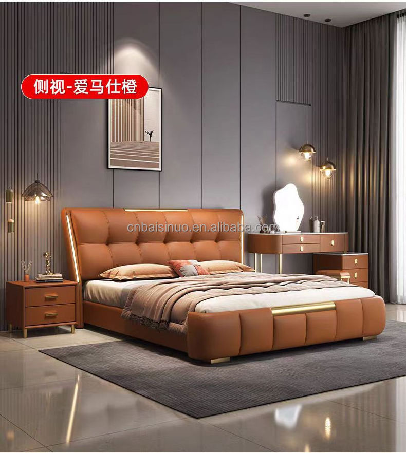 luxury leather bed, modern headboard with induction light bed, double storage, wedding bed, master bedroom, king size bed