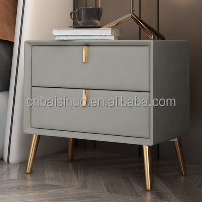 Italian leather bedside table, all solid wood, modern Nordic internet celebrity bedroom storage cabinet