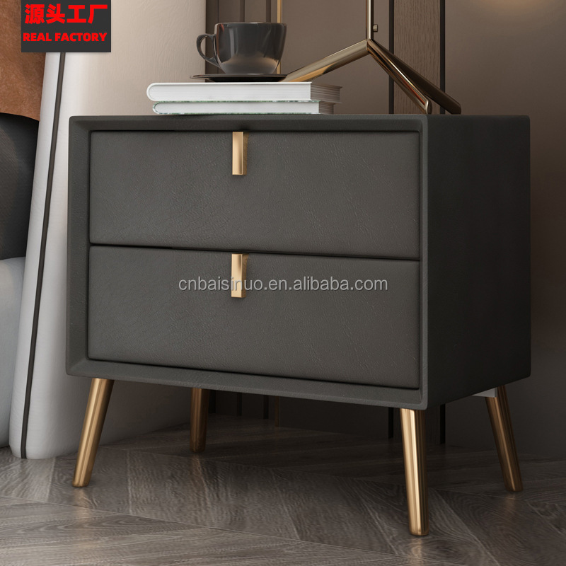 Italian leather bedside table, all solid wood, modern Nordic internet celebrity bedroom storage cabinet