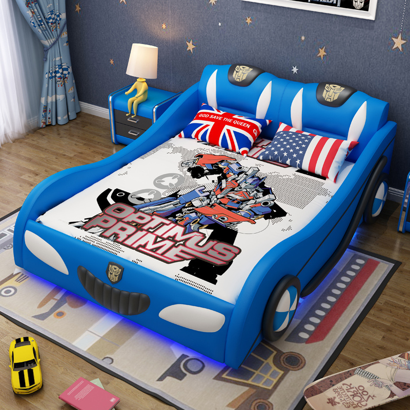 Factory directly selling simple creative kids car bed boy cartoon leather king bed blue color Children racing car beds