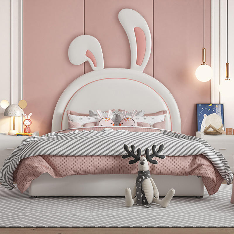 Lovely Design Cute Style Kids' Bedroom Furniture Cartoon Rabbit Girls' Bed Leather Kids Bed Set Solid Wood Frame Children Beds