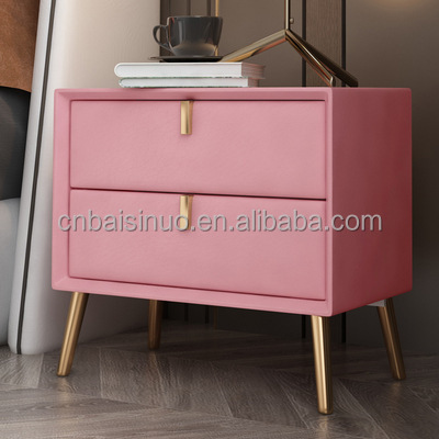 Italian leather bedside table, all solid wood, modern Nordic internet celebrity bedroom storage cabinet