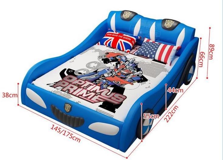 Factory directly selling simple creative kids car bed boy cartoon leather king bed blue color Children racing car beds