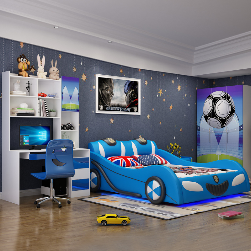 Factory directly selling simple creative kids car bed boy cartoon leather king bed blue color Children racing car beds