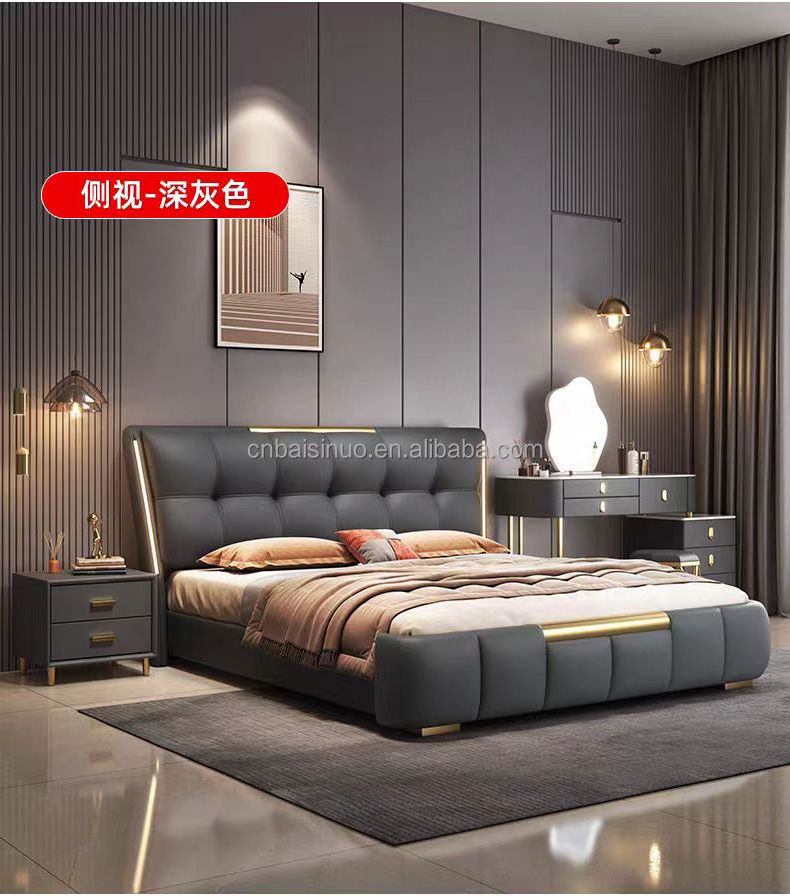 luxury leather bed, modern headboard with induction light bed, double storage, wedding bed, master bedroom, king size bed