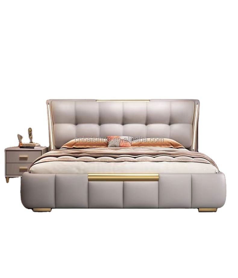 luxury leather bed, modern headboard with induction light bed, double storage, wedding bed, master bedroom, king size bed