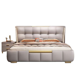 luxury leather bed, modern headboard with induction light bed, double storage, wedding bed, master bedroom, king size bed