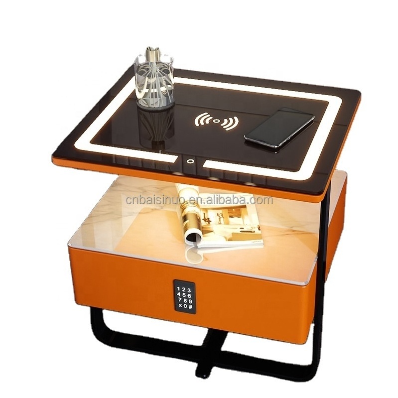 Smart bedside table, simple three draw rechargeable bedside table, bedroom multifunctional fingerprint lock storage cabinet