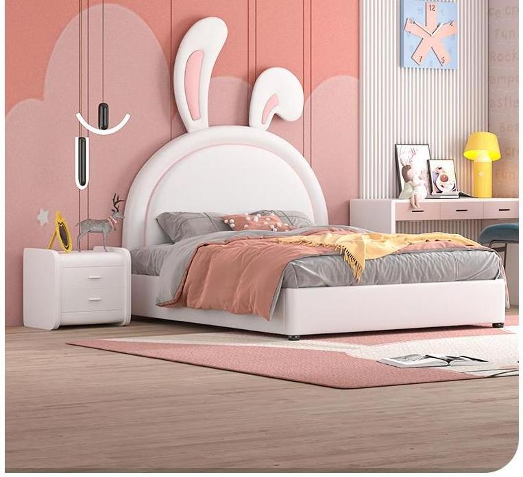 Lovely Design Cute Style Kids' Bedroom Furniture Cartoon Rabbit Girls' Bed Leather Kids Bed Set Solid Wood Frame Children Beds