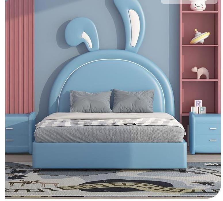 Lovely Design Cute Style Kids' Bedroom Furniture Cartoon Rabbit Girls' Bed Leather Kids Bed Set Solid Wood Frame Children Beds