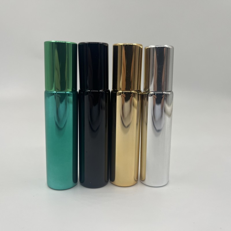 10ml shiny UV coating glass roll on perfume bottle 10ml gold silver essential oil glass vial With Stainless Steel Roller ball