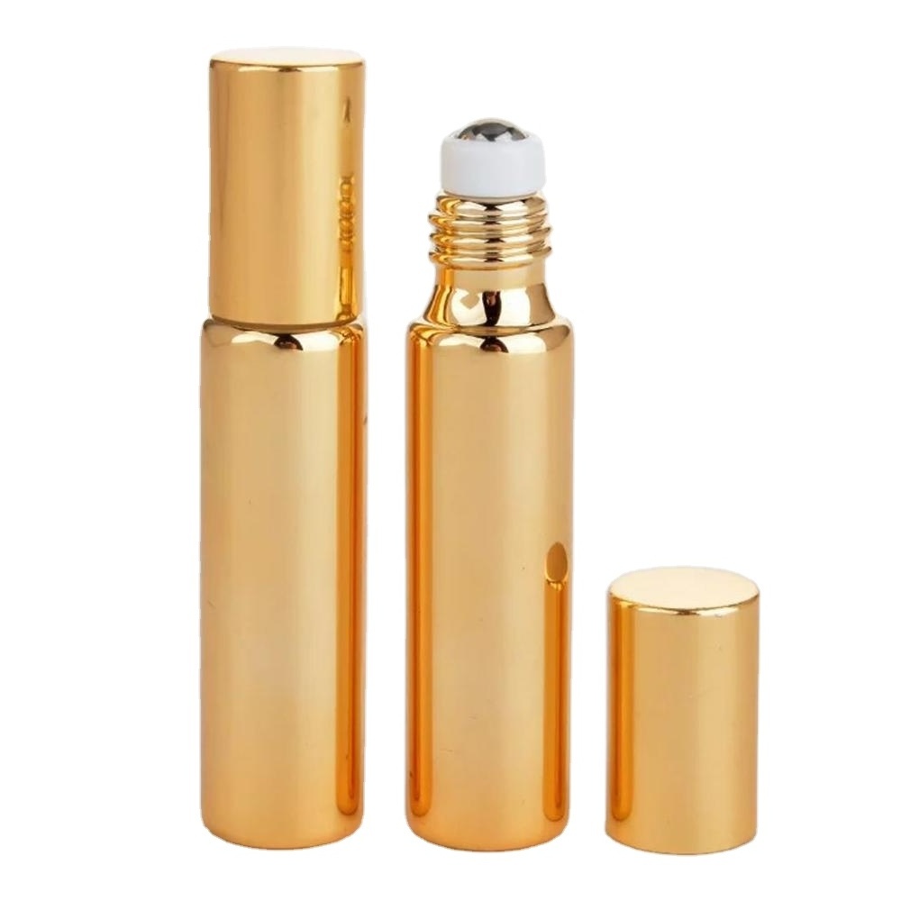 10ml shiny UV coating glass roll on perfume bottle 10ml gold silver essential oil glass vial With Stainless Steel Roller ball