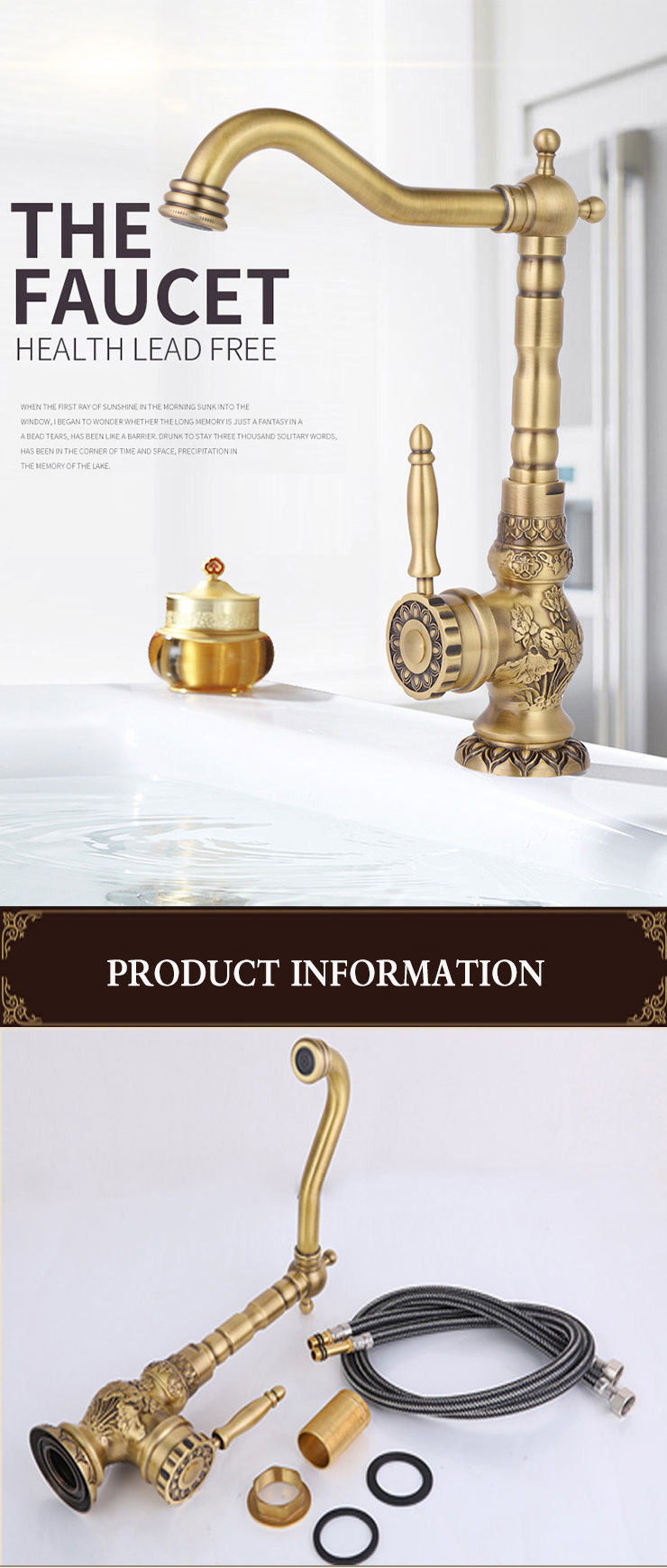 BANGQI All copper retro basin faucet cold and hot water European carved all copper basin faucet antique brass faucet