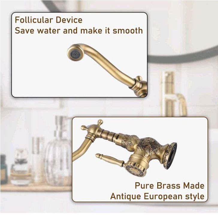 BANGQI All copper retro basin faucet cold and hot water European carved all copper basin faucet antique brass faucet