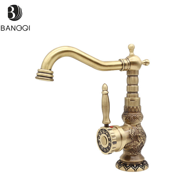 BANGQI All copper retro basin faucet cold and hot water European carved all copper basin faucet antique brass faucet