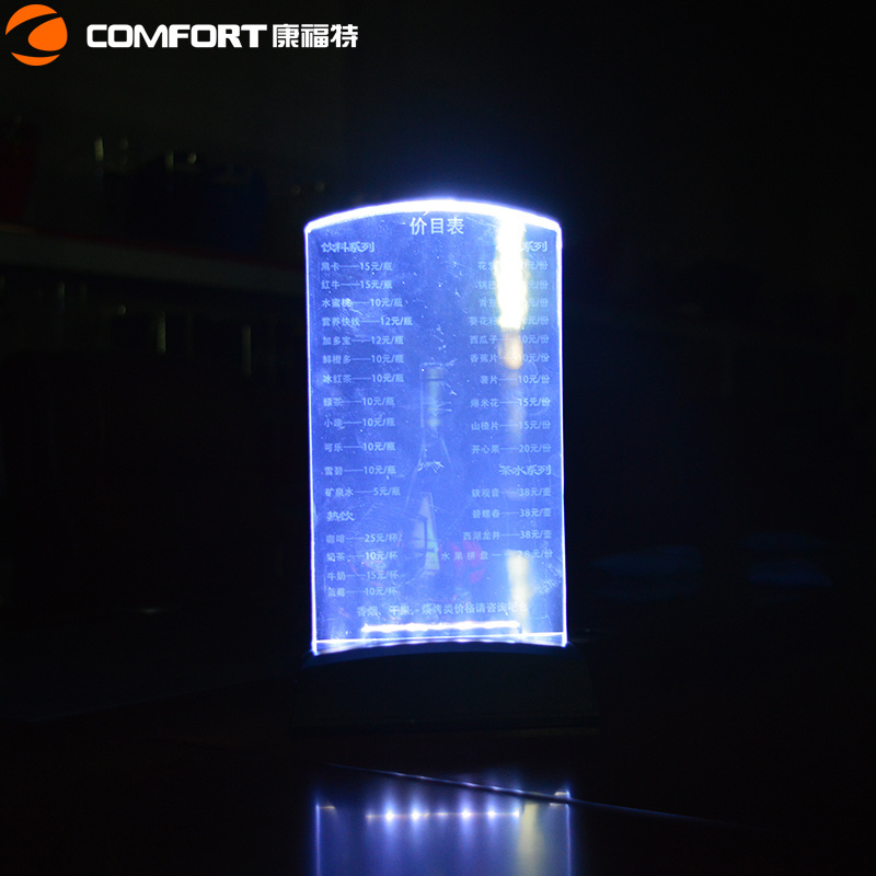 Hot Sell Table Top ABS acrylic plastic rechargeable led table tent menu covers display for restaurant