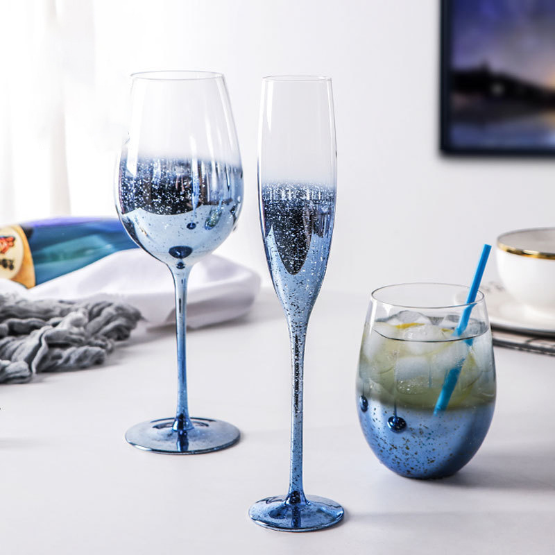 Super hot blue and rose gold champagne flutes cocktail martini decanter stemless tumbler glasses red wine glass