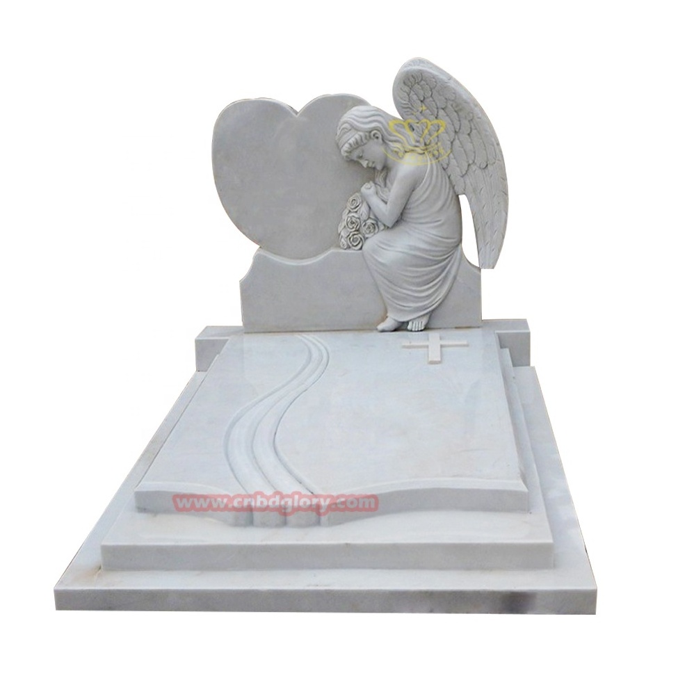 Natural Stone White Wings Angel statues Black Marble Heart Shaped Tombstone Headstone