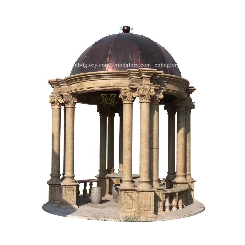 Large Sculpture outdoor Furniture Figure Statues pillar Marble stone Gazebo with metal Roof