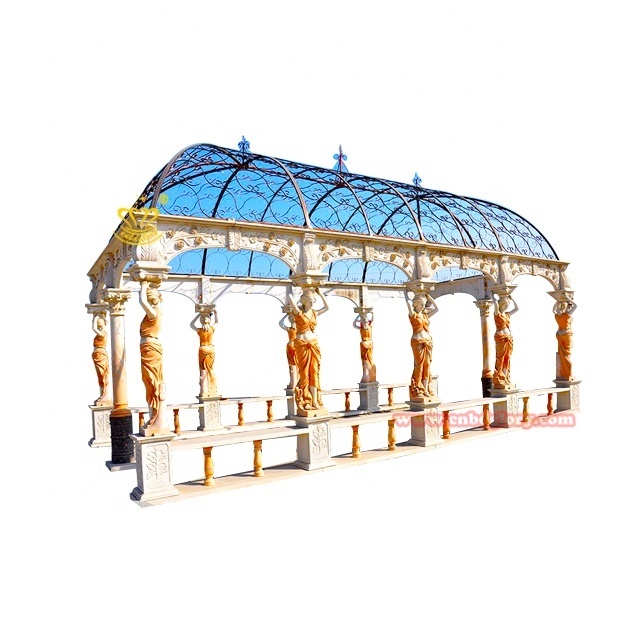 Large Sculpture outdoor Furniture Figure Statues pillar Marble stone Gazebo with metal Roof